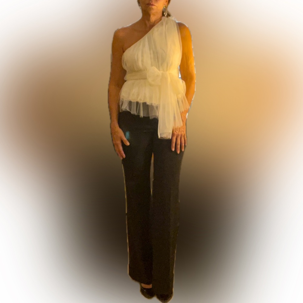 Formal one shoulder toole overlay with sash around peplum waist size S